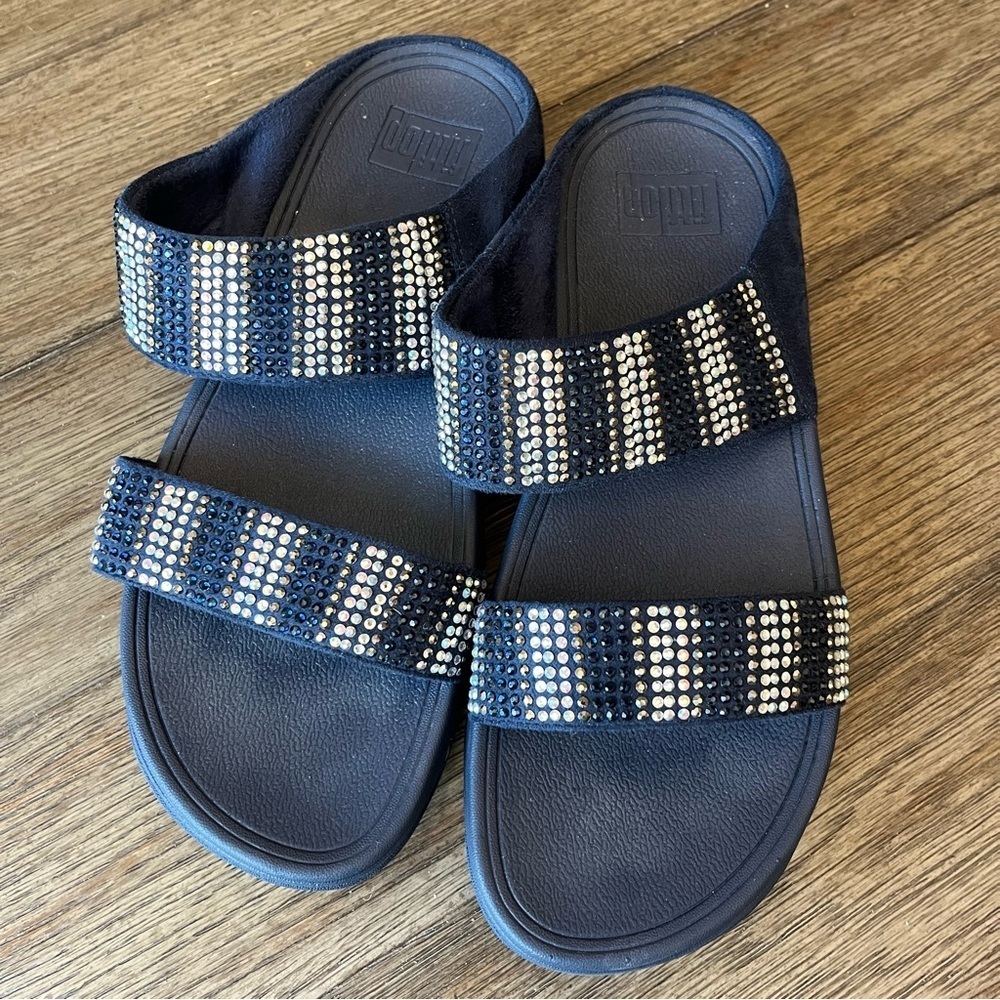 Fitflop 2 strap blue rhinestone wedge sandals
